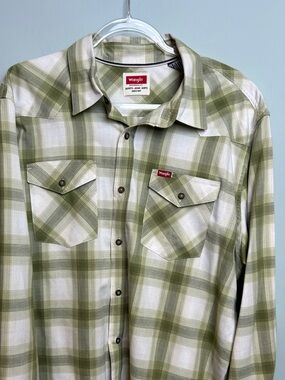 Wrangler Olive White Plaid Western Button-Up Long Sleeve Shirt Ranch Style XL